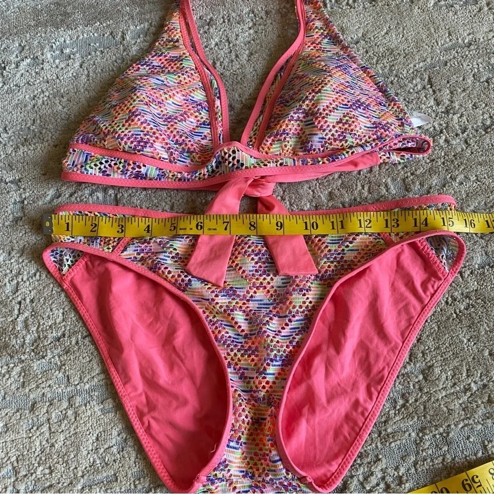 Becca Courtney Reveal Crochet Matching Bikini Set Top and Bottoms Pink: Large